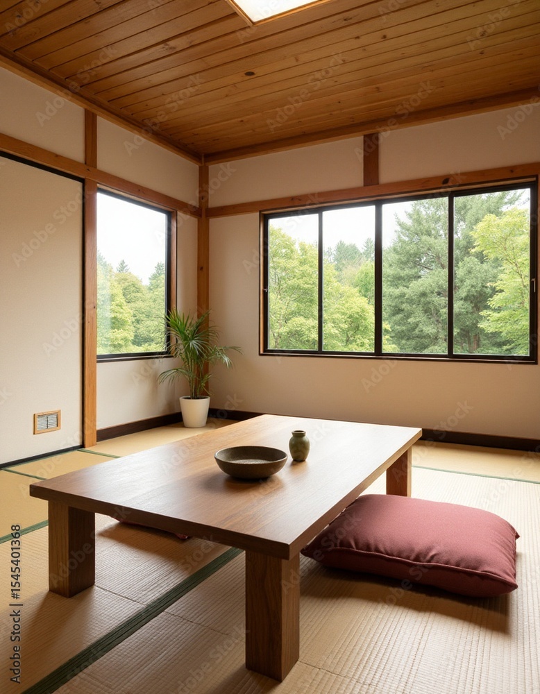 Fototapeta premium Traditional Japanese minimalist dining room with low wooden table, tatami flooring, floor cushion, large windows and soft natural light, perfect for zen interior design and peaceful home settings