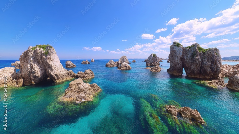 Fototapeta premium A breathtaking coastal scene featuring unique rock formations surrounded by clear turquoise waters and a vibrant blue sky, ideal for travel blogs, brochures, or nature-focused content,