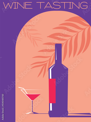 Illustration wine bottle glass, flat style, beach party poster. Restaurant banner, wine list, sommelier, wine tasting, cocktail, martini