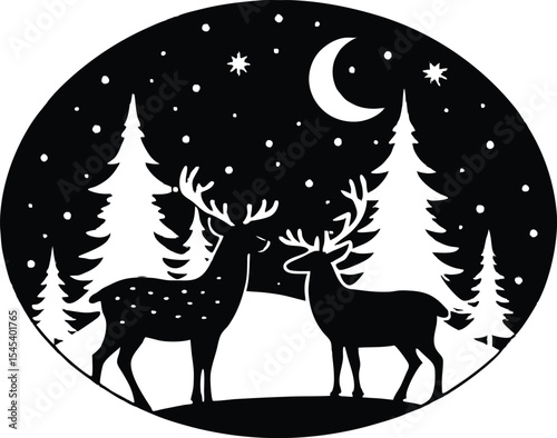   winter night with reindeer silhouette, deer in winter forest