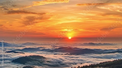 Golden Sunrise Over Misty Hills with Orange Sky. clouds, cloud, nature, blue, evening, orange, sunlight, landscape, light, red, cloudscape, dusk, color, yellow, summer, beauty, dawn, dramatic, bright,
