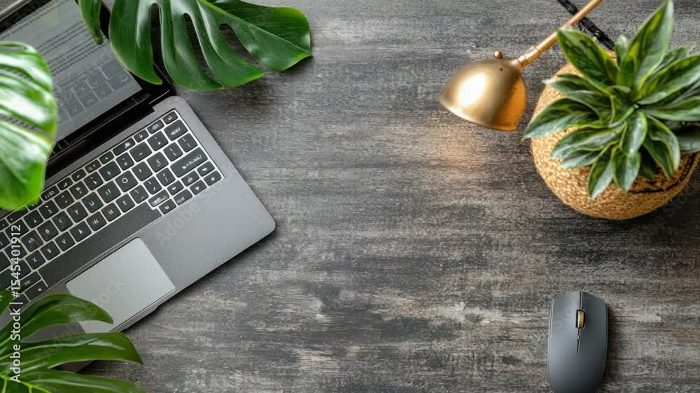 Gray laptop, gold lamp, and plants on a dark wood surface