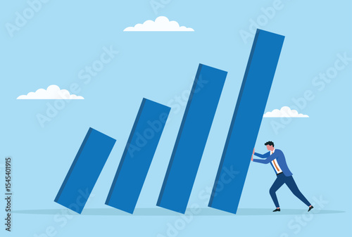 Vector illustration of a businessman preventing a bar graph from falling, symbolizing determination to halt decline, maintain stability, and safeguard business growth in tough times
