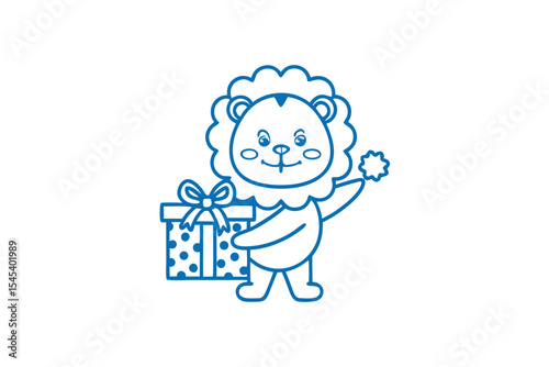 Cheerful blue lion outline holds a polka dot gift box while waving to the viewer