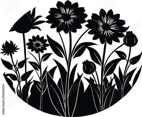 Blooming Botanical Garden Scene Silhouette | Colorful Garden Flowers Silhouette