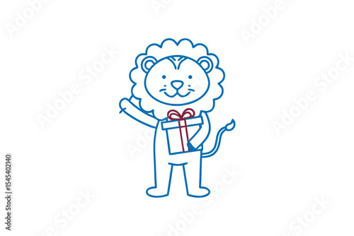 Cute cartoon lion outline cheerfully holds a wrapped present in its paws while standing