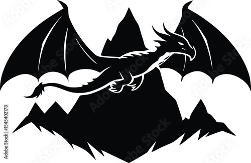 Dragon Flying Over Mountain Peaks Silhouette | Fantasy Beast in Sky Silhouette