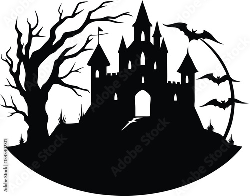 Ghostly Castle in Ruins Silhouette | Haunted Medieval Fortress Silhouette