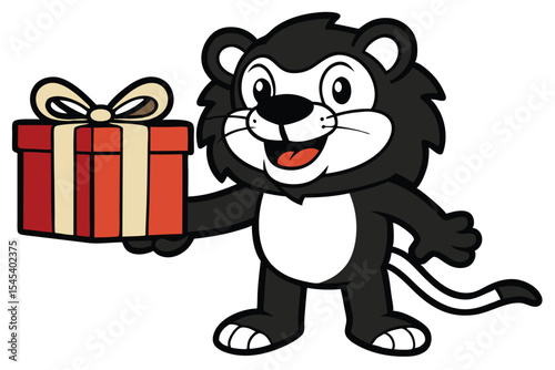 Cheerful cartoon lion is holding a wrapped gift while standing, ready to give