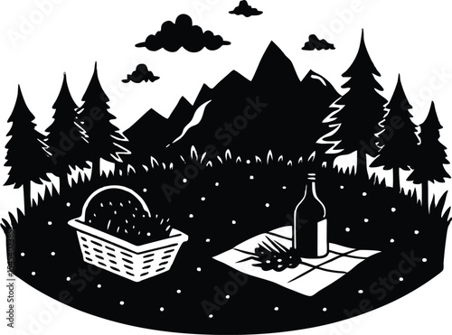 Picnic in Sunny Summer Meadow Silhouette | Outdoor Blanket and Basket Scene Silhouette