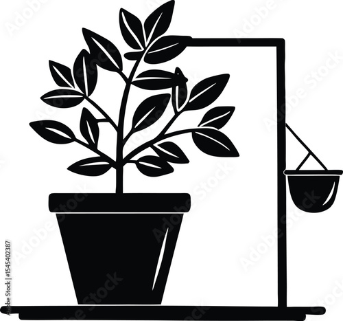 Potted Plant Shelf Decor Scene Silhouette | Indoor Houseplants on Shelf Silhouette
