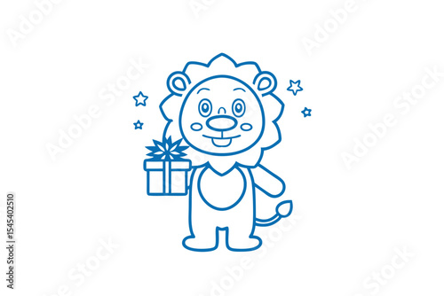 Cute lion outline holds gift box under shining stars is drawn simply
