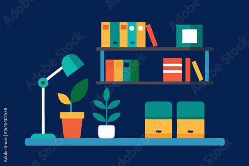 Organized Workspace Desk Setup with Books, Plants, and Office Supplies