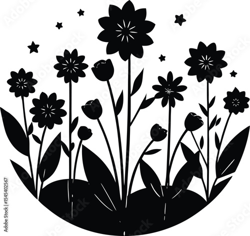 Springtime Blooming Garden Silhouette | Flowering Plants and Shrubs Silhouette