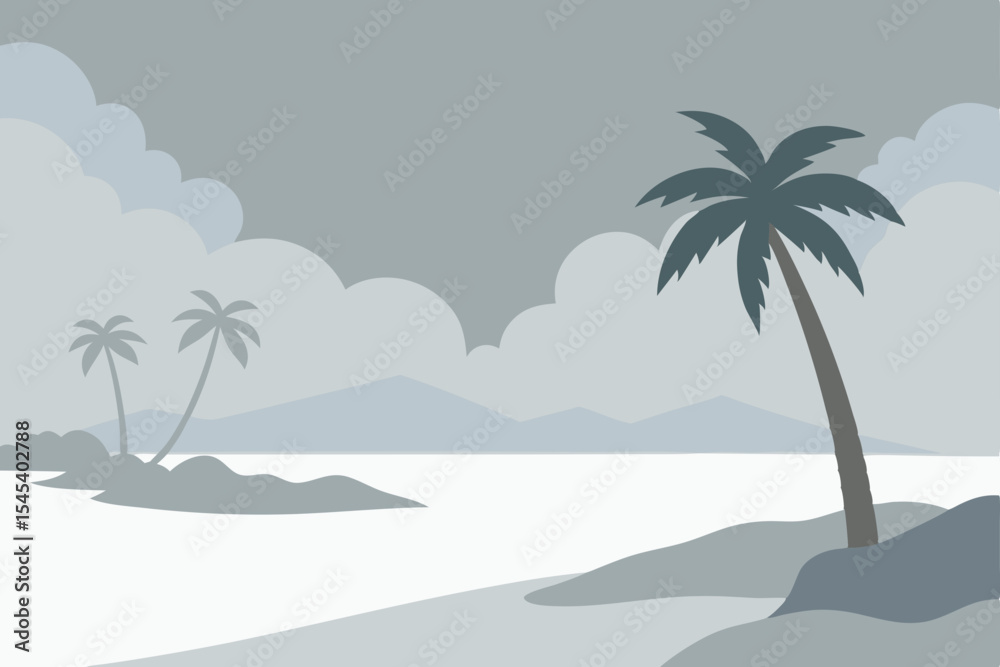 Fototapeta premium Serene Coastal Escape Misty Beach with Palm Trees and Calm Ocean