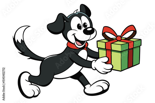 Cheerful cartoon dog bounds forward, happily carrying a green gift box with a red bow