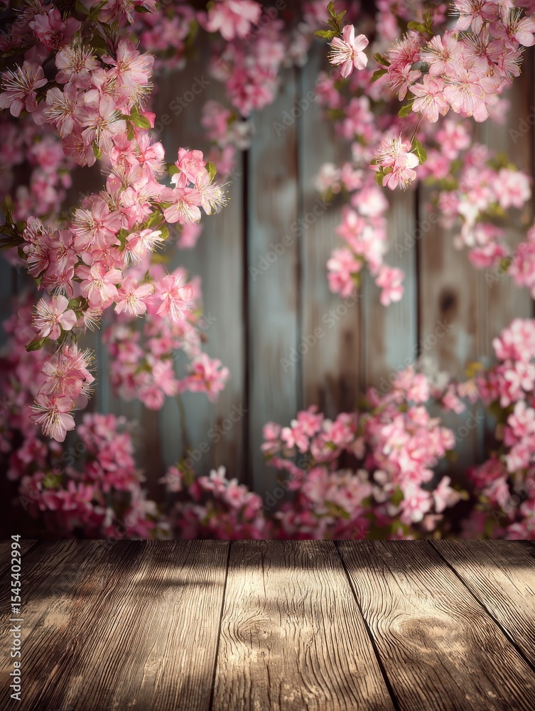 Fototapeta premium A vibrant cherry blossom or blossoming garden bathed in sunlight against a rustic wooden backdrop offering ample space for text Perfect for celebrating Passover Easter Women s Day Mother s.