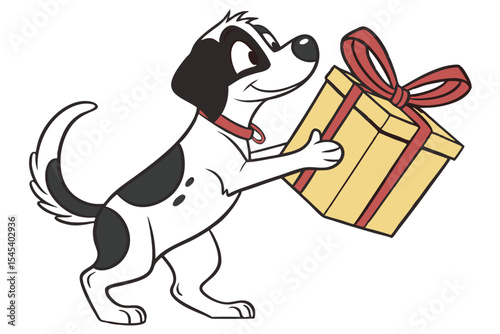 Spotted puppy smiles while happily carrying a large yellow gift box with a red ribbon