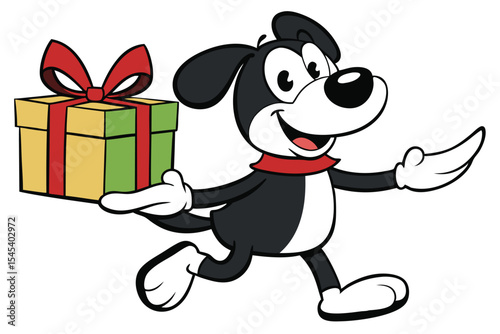 Joyful black and white cartoon dog happily carries a bright yellow and green gift box