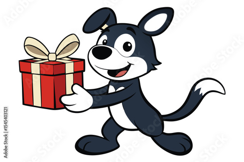 Cheerful cartoon puppy carrying a red present, he seems happy to give the gift