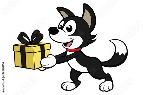 Smiling cartoon husky presents a wrapped yellow box tied with a dark ribbon