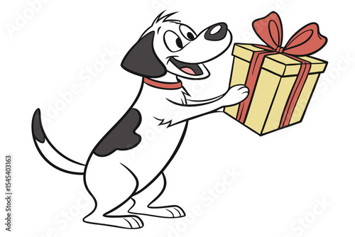 Cheerful cartoon dog with spots holds a beautifully wrapped present box in his paws
