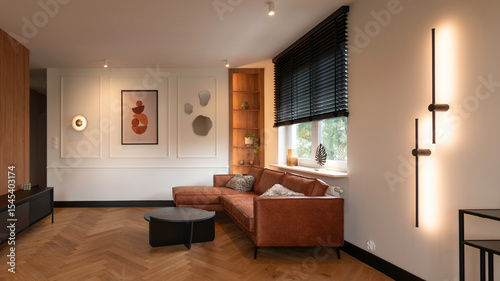Modern minimalist living room with warm ambient lighting, brown leather sofa, herringbone wooden floor, and elegant contemporary decor in a cozy luxury apartment