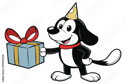 Cheerful puppy with party hat cheerfully presents a colorful gift box topped with red ribbon