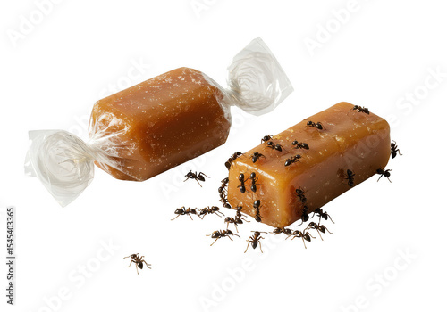 Two caramel candies one wrapped and the other covered in ants against a plain dark surface view on transparent background