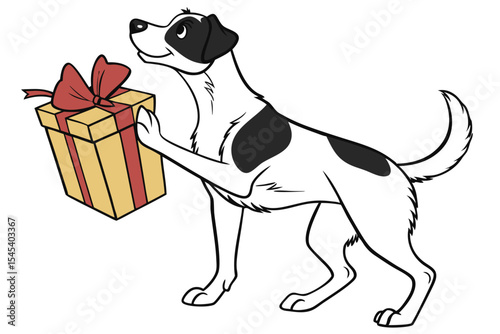 Smiling dog with black and white patches happily carries a nicely wrapped gift box