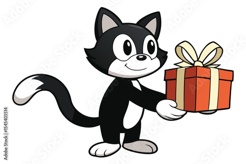 Happy cartoon cat smiling while presenting a red birthday gift with ribbon bow
