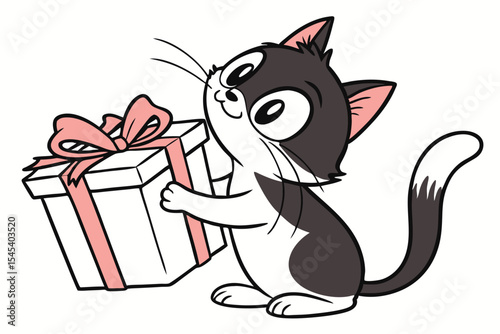 Happy cartoon cat smiles as he presents a gift with a pink bow