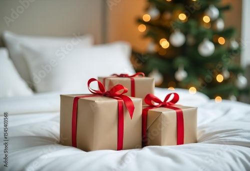 wrapped Christmas gifts sit on the bed in decorated bedroom with christmas tree, positioned in front of a decorated Christmas tree. 