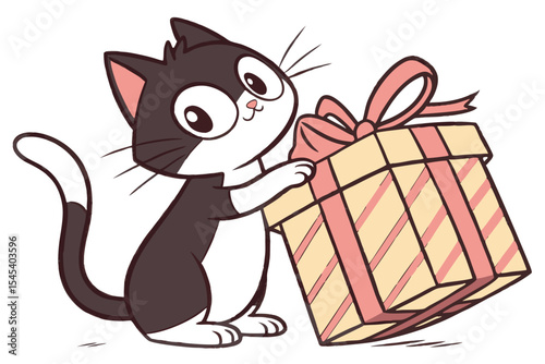 Cheerful cartoon cat excitedly touches a present box decorated with a pink ribbon bow