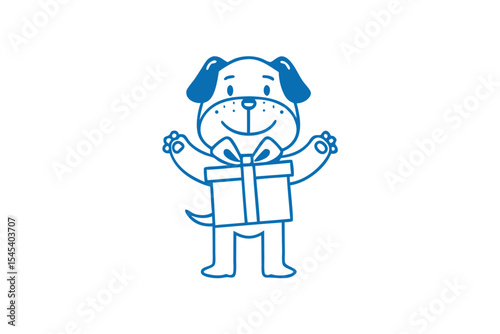 Cheerful cartoon dog carries gift with bow and its tail is wagging joyfully