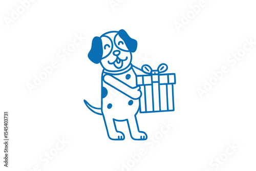 Smiling puppy with spots is lovingly holding a neatly wrapped gift box