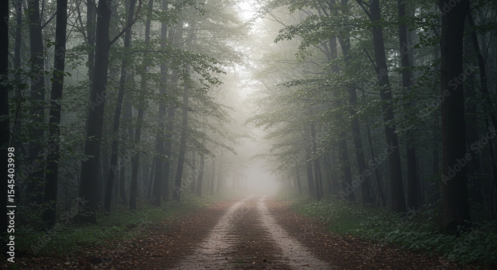 Fototapeta premium Enigmatic Forest Path: A Mystical Journey Through Misty Woods, Leading to an Unknown Destination. High quality professional stock photo suitable for commercial use.