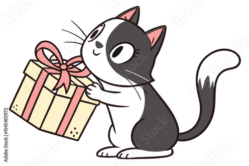 Happy bicolor cat joyfully carries a present adorned with a pink bow, seeming pleased