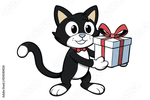 Cartoon tuxedo cat happily presents a wrapped present tied with a red bow for the occasion