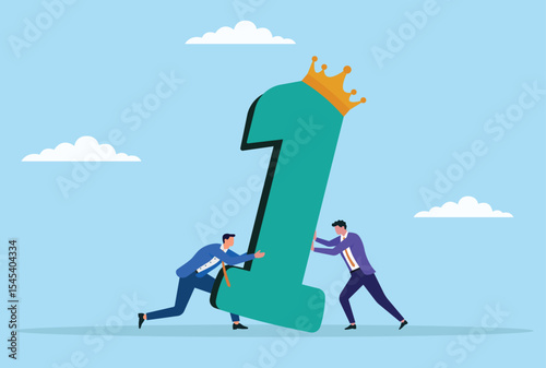 Vector illustration of two businessmen working together to support and raise a giant number one wearing a crown, symbolizing teamwork, unity, leadership, and striving for top success
