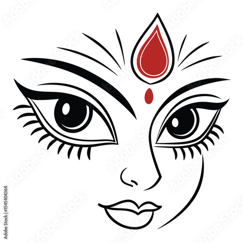 Hindu Goddess Face Black Line Art Red Bindi black and white