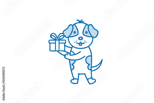 Joyful puppy offers a cheerful present with a bright blue outline and design