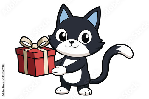 Cute cartoon cat affectionately holds a red gift box with a charming cream ribbon