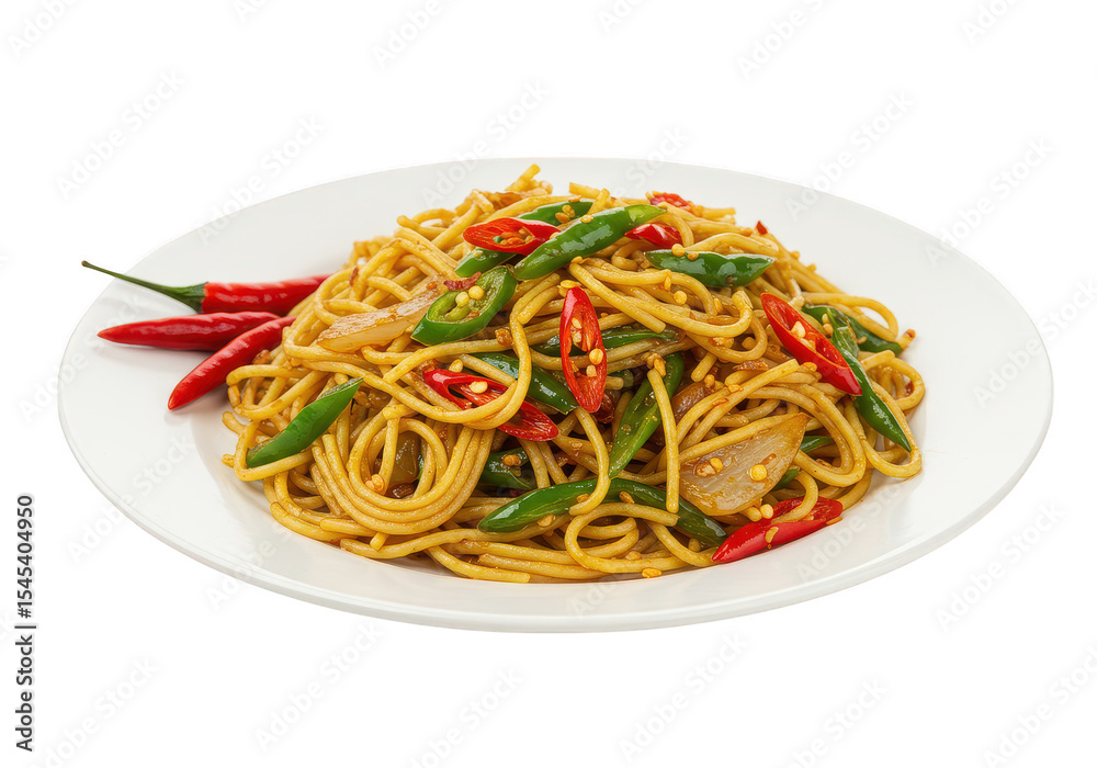 Spicy asian noodles with chili peppers served on a white plate for a flavorful and vibrant meal on transparent background Spicy asian noodles with chili peppers served on a white plate for a flavorful and vibrant meal on transparent background