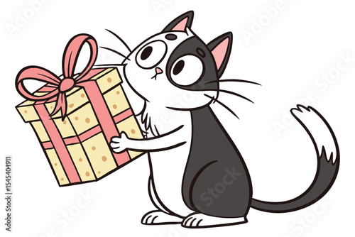 Cartoon tuxedo cat curiously holds a yellow gift box with pink ribbon decoratively