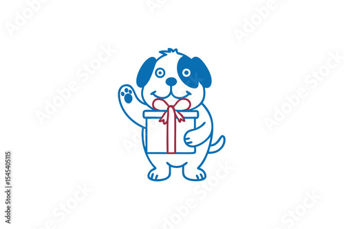 Cheerful puppy holding a present waves his paw with a smile on the plain backdrop