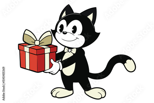 Smiling black cat cartoon character delivers a red and beige gift box for you