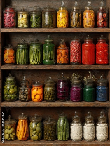 Wooden shelf filled with jars of colorful preserved foods