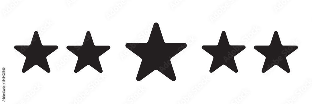 Fototapeta premium Five-star rating vector icon. Symbol of 5 star where the middle star is big than other stars. Black 5 star ranking icon set. Top quality rating symbol. Five stars review rating vector illustration. 