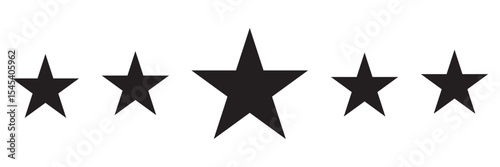 Five-star rating vector icon. Symbol of 5 star where the middle star is big than other stars. Black 5 star ranking icon set. Top quality rating symbol. Five stars review rating vector illustration. 